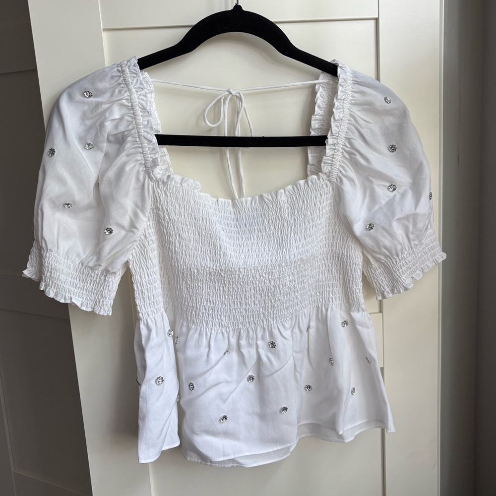Hill House White Smocked Blouse with Embellishments